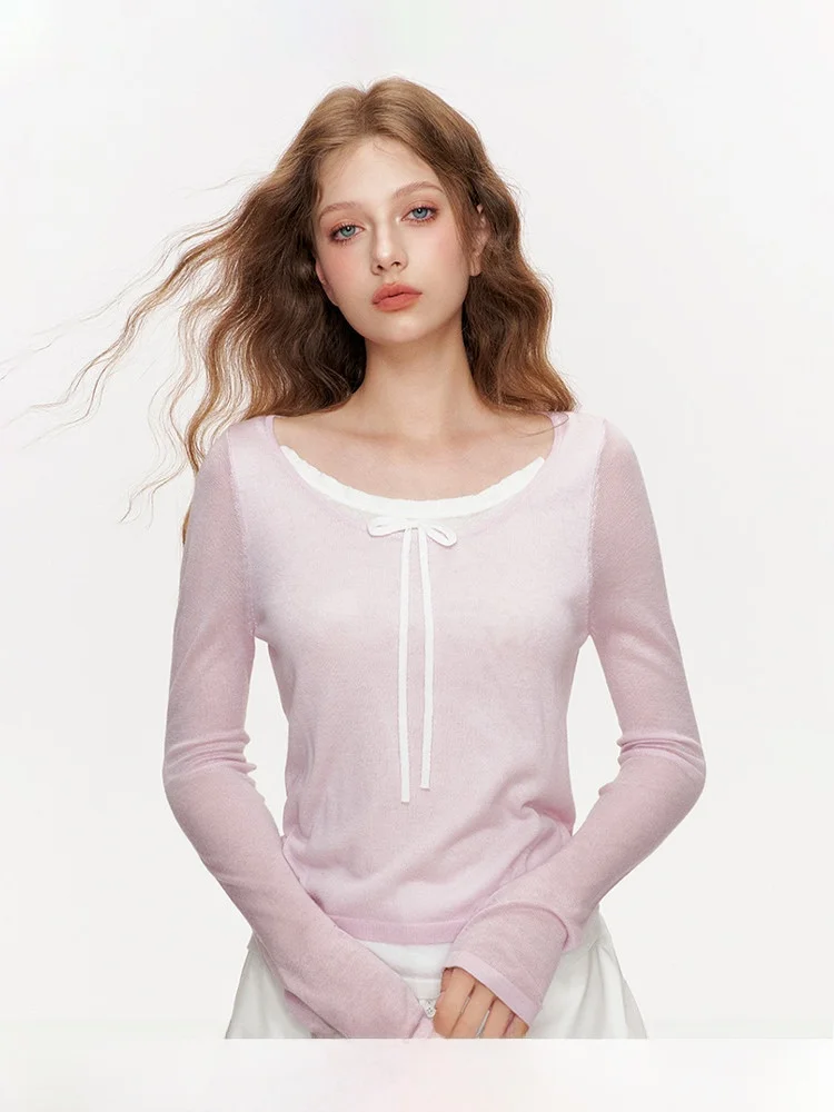 

Kroche Ballet Overture Color Blo Casual Long Sve Knot Loose Fit Wooden Bordered Top Women's Knittedwear