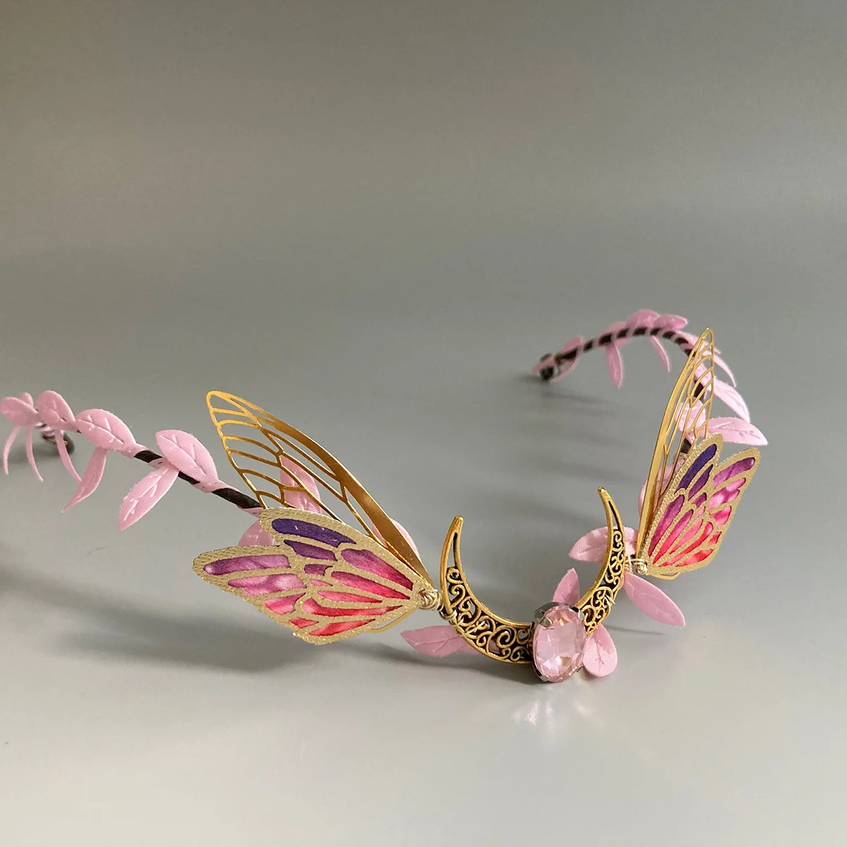 

Woodland Crown Diadem Pink Butterfly Wing Tiara Fairy Costume Elven Festival Crown Bridal Renaissance Wedding