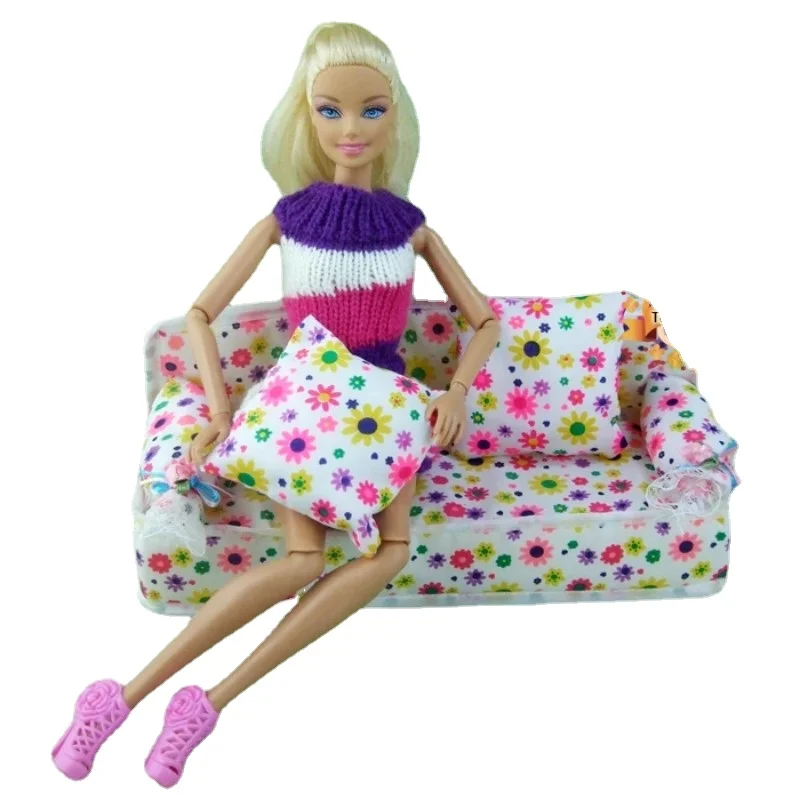 Mini Doll House Furniture Flower Soft Cloth Sofa Couch with 2 Cushions for Barbie Doll House Toys