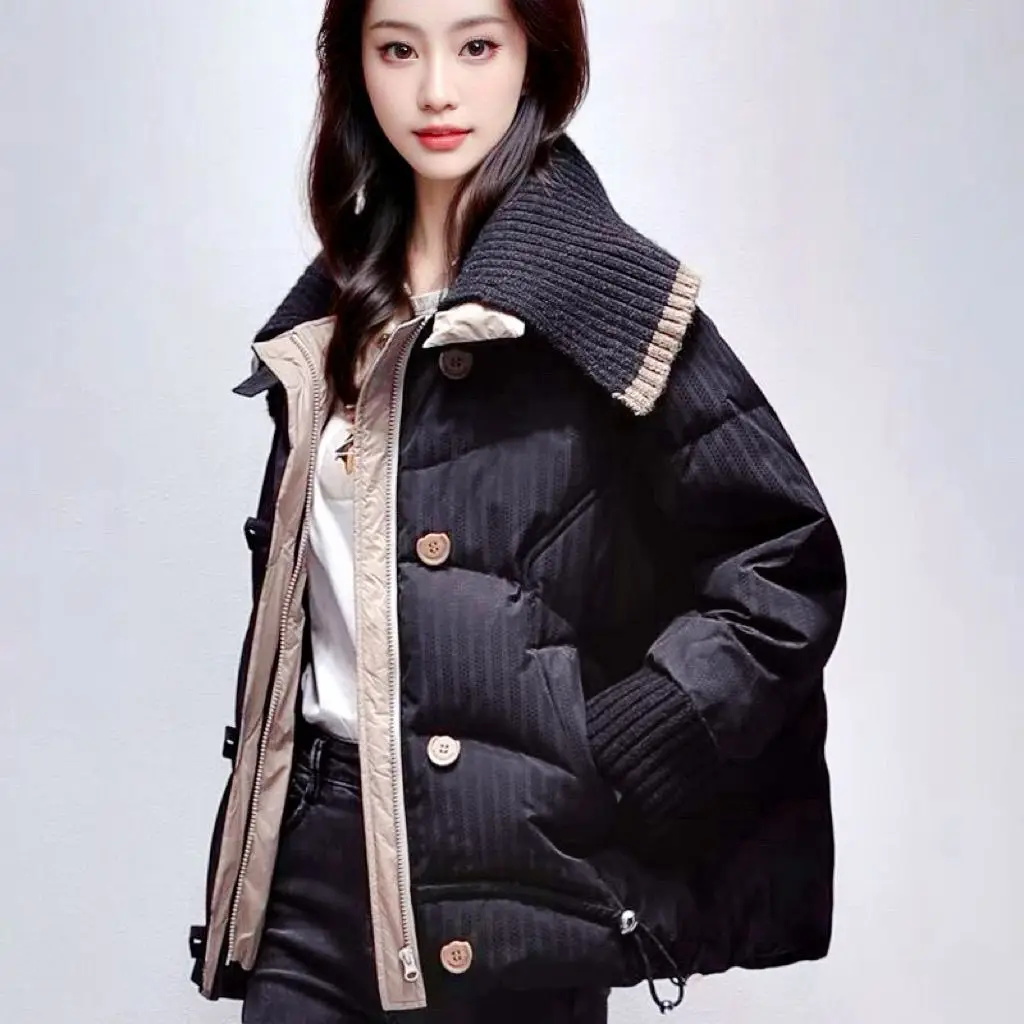 

2026 Winter New Loose Knitted Collar Patchwork Cotton Jaet Women High-End Retro ort Thiened Cotton Coat Trendy