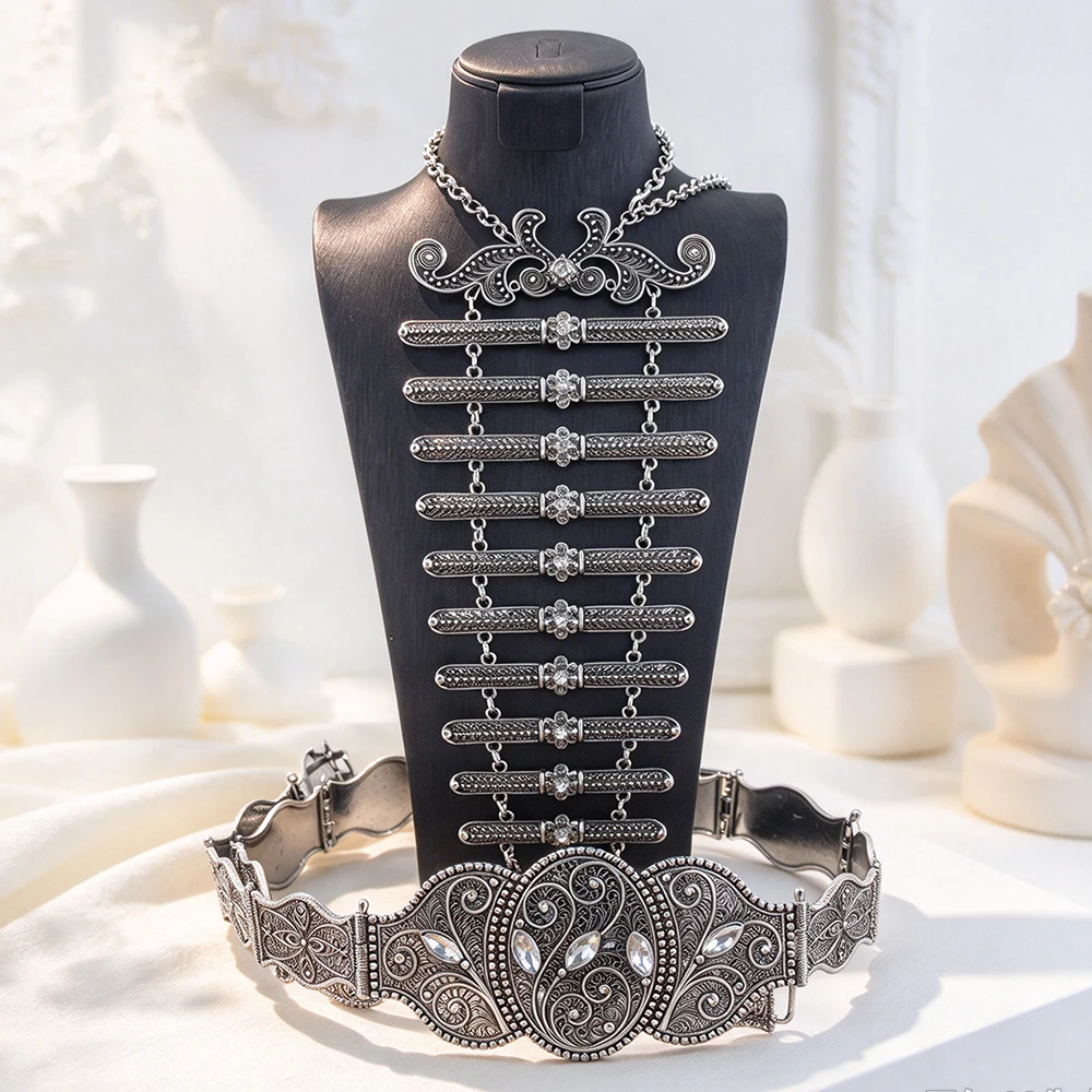 Sunspicems Vintage Caucasus Women Belt Breastplate Ingush Wedding Jewelry Sets Metal Belt&Necklace Antique Silver Color