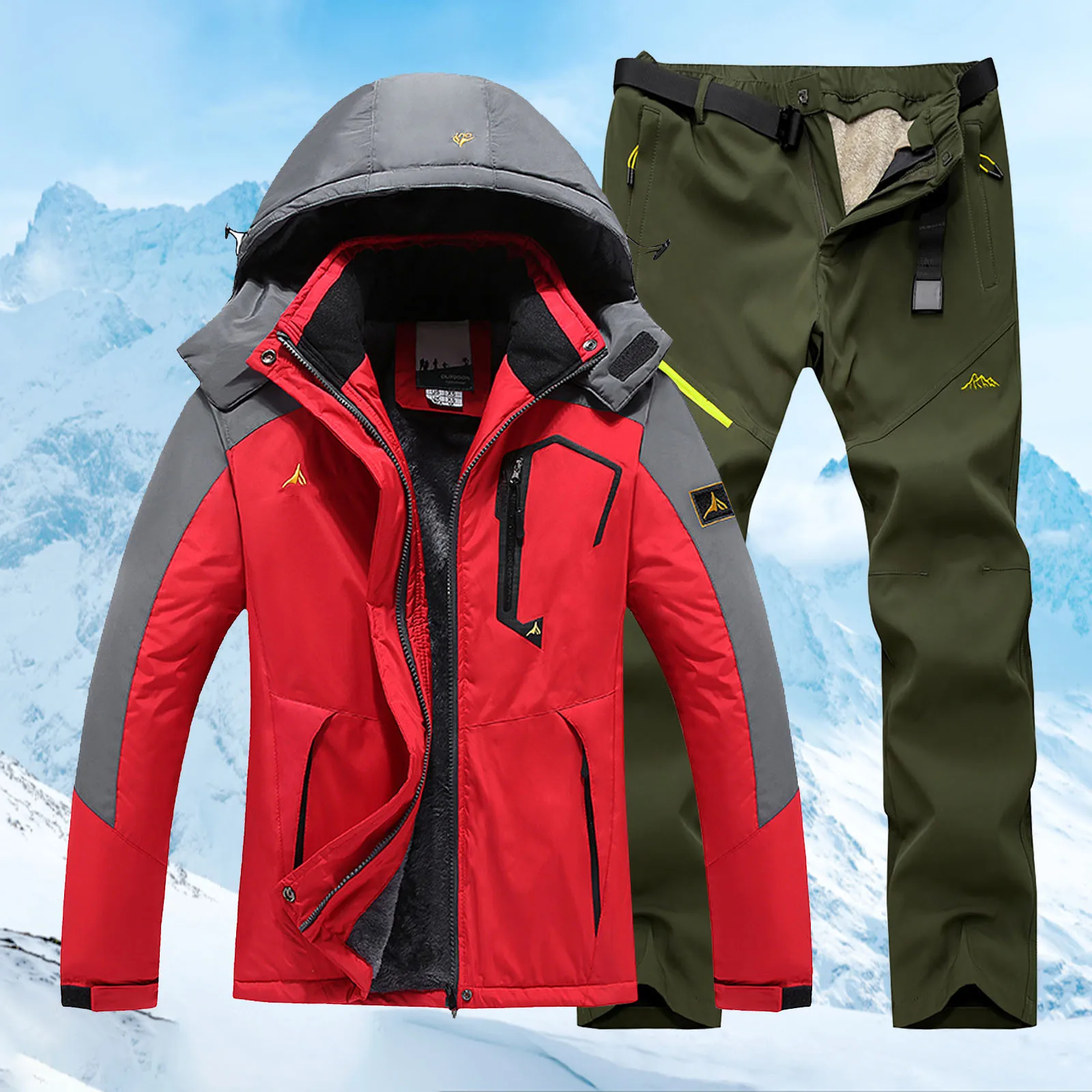 Herren Dicker Fleece-Gefütterter Taktischer Zweiteiler Winddicht Wasserdicht Warm Winter Reit- und Bergsteiger-Outdoor-Bekleidungsset für Männer – Detail 6
