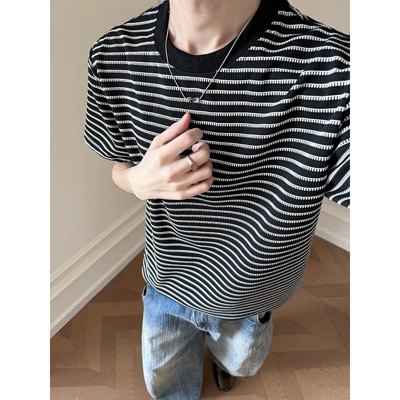 

Summer Short Sleeved T-shirt Men Fashion Striped T-shirt Men Streetwear Korean Loose Casual T Shirt Mens Top Large Size 5XL