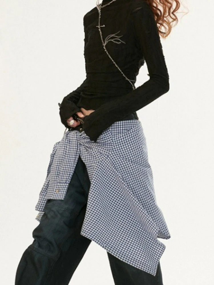 American Retro Harajuku Turtleneck Pullover Women Long Sleeve Slim Tops Streetwear Y2k Vintage Tshirts 2000s Japanese Basic Tops