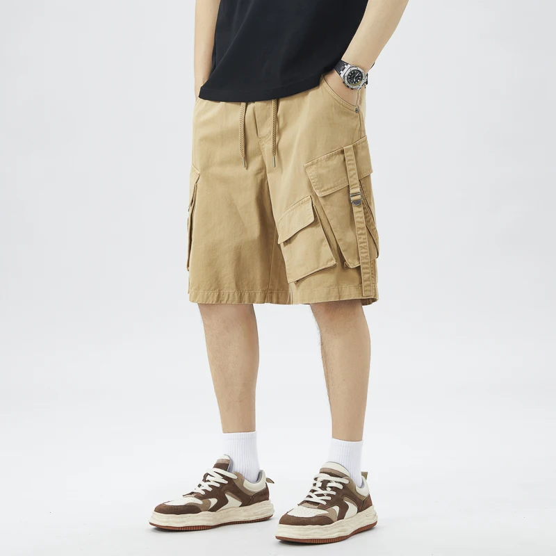 

100% Cotton Men's Cargo Shorts Elastic Waist Loose Fit Wide Leg Multi-Pocket Casual Summer Streetwear Workwear Utility Shorts
