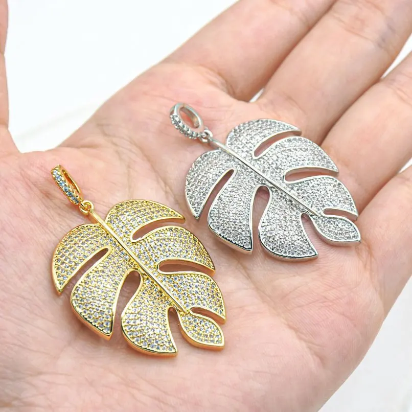 

1Pcs Plated Pendant Leaf Shape Plant Copper Invisible Setting Cubic Zirconia Approx 30.1x49.2mm Jewelry Special Gift For Women