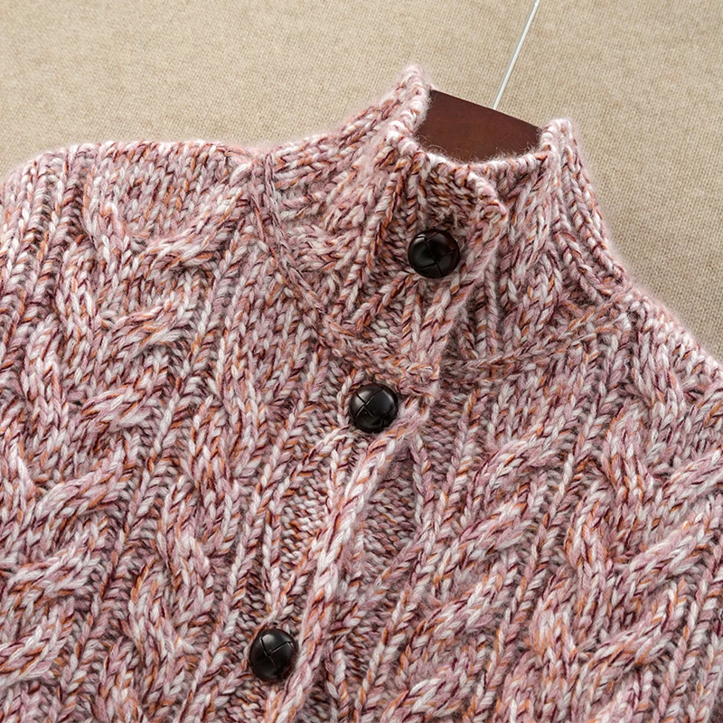 Pure cashmere cardigan, women's stand-up collar thickened European heavy industry leather buckle high neck knitted sweater