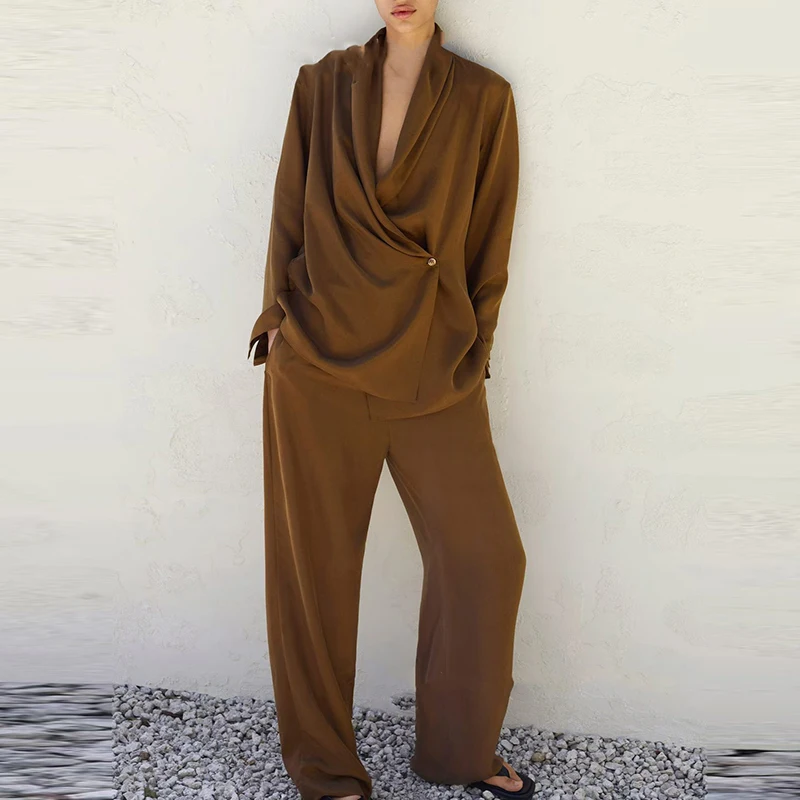 새틴 솔리드 하이웨이스트 출퇴근 정장 우아하고 편안한 가을 투피스 세트 패션 브이넥 긴팔 상의와 바지 세트