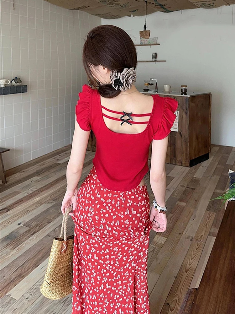 Women 2025 Summer New Sweet and Spicy Girl Red Little Flying Sleeve Slimming T-shirt Hip Wrapping Fish Tail Floral Half Skirt