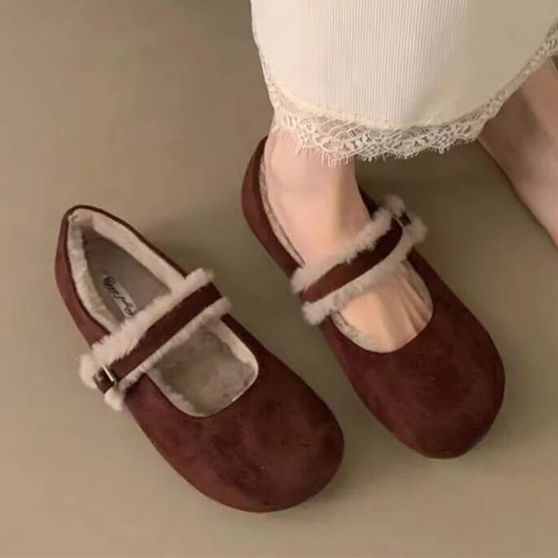

Fur Women Mary Jane Shoes Flats Sport Cotton Boots Casual Shallow Winter Shoes 2025 Walking Dress Shoes Cozy Botas Femme Zapatos
