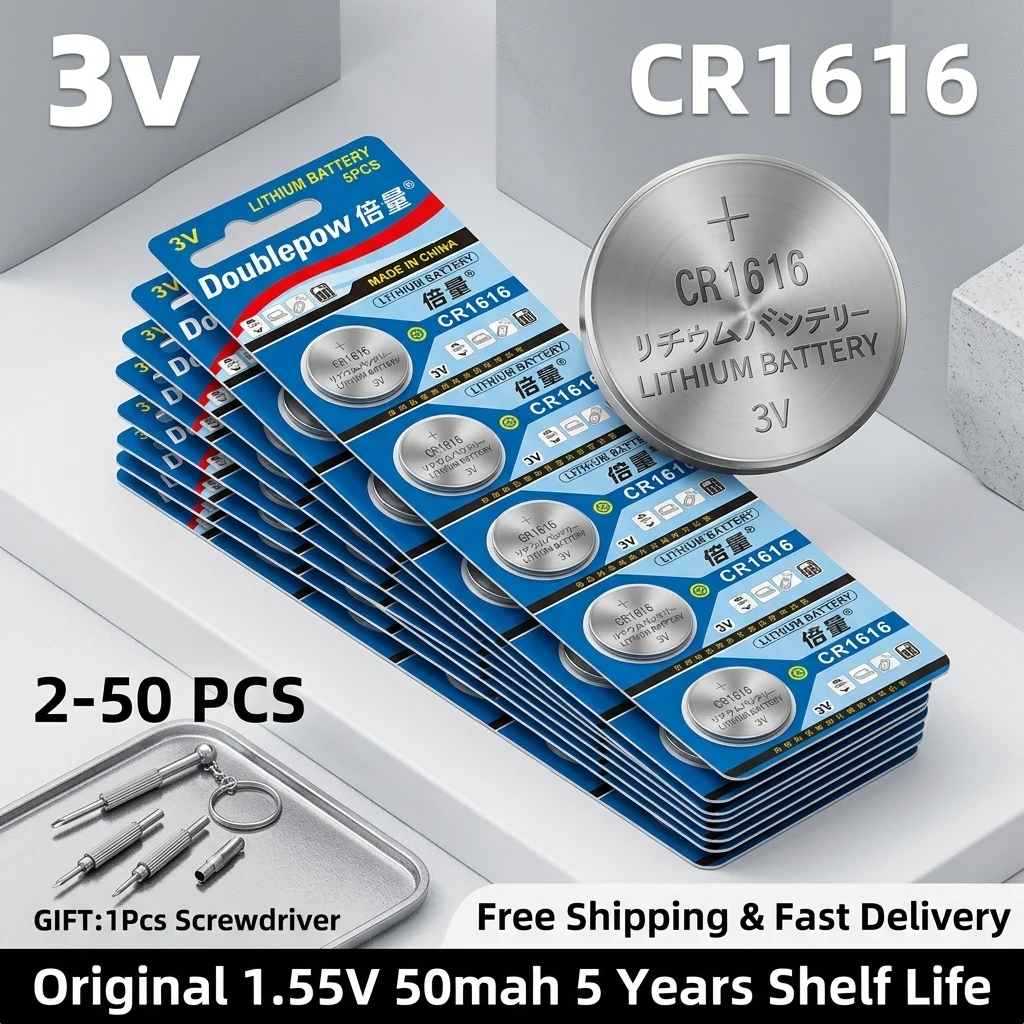 

Doublepow CR1616 Battery 3V Lithium Button Cell DL1616 BR1616 5021LC ECR1616 for Car Key Fob Watch Remote Control Calculator
