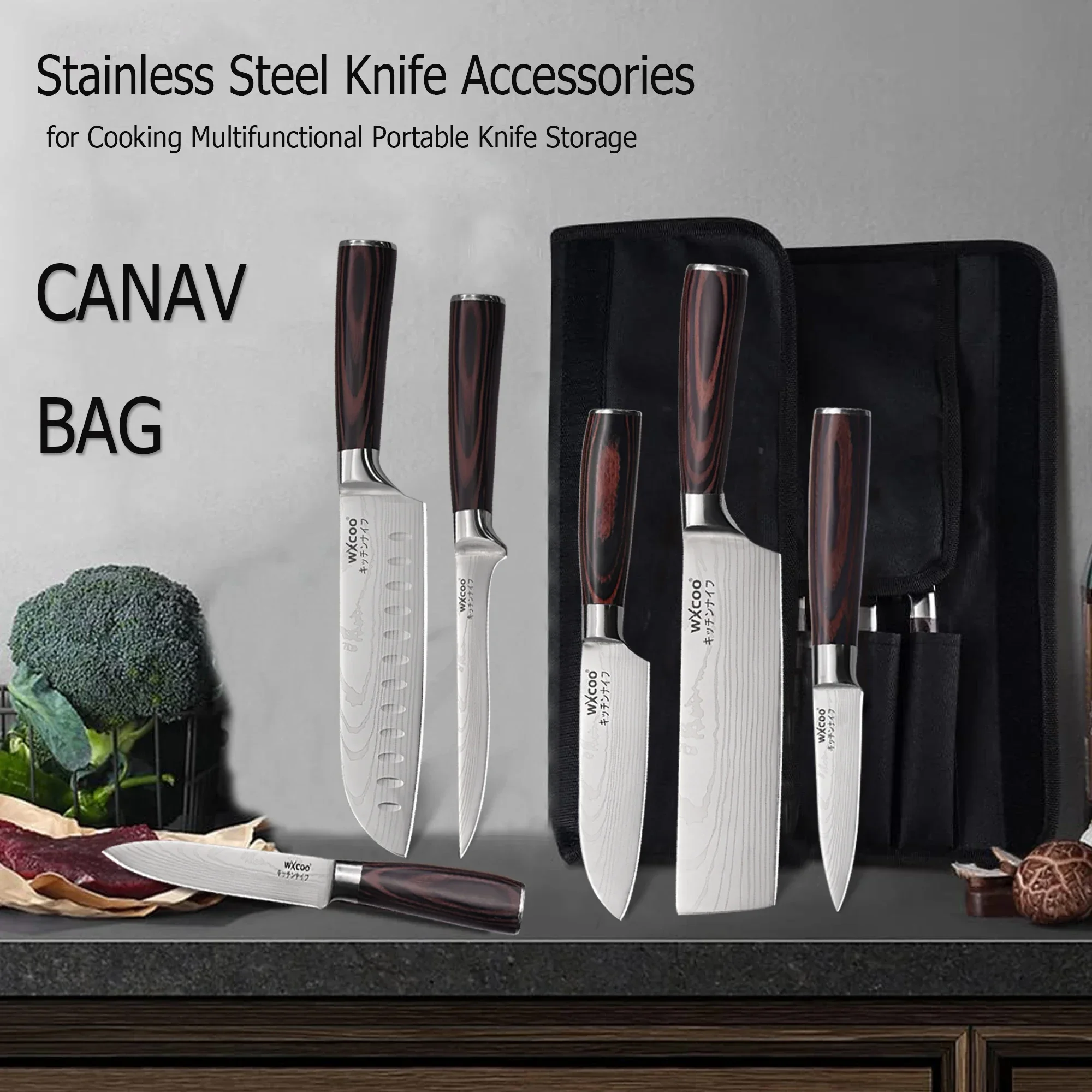 WXCOO Kitchen Knives Japanese Knife Set with Knife Bag Damascus Laser Fish Fillet Meat Cleaver Fruit Peeler Santoku Cutter