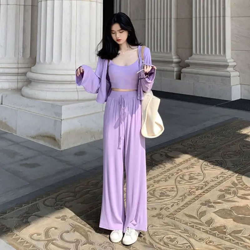 

Leisure Cool Cute Net Red Fried Street Suit 2023 Spring Summer Korean Version Versatile Sling Purple Cardigan Three Piece Set