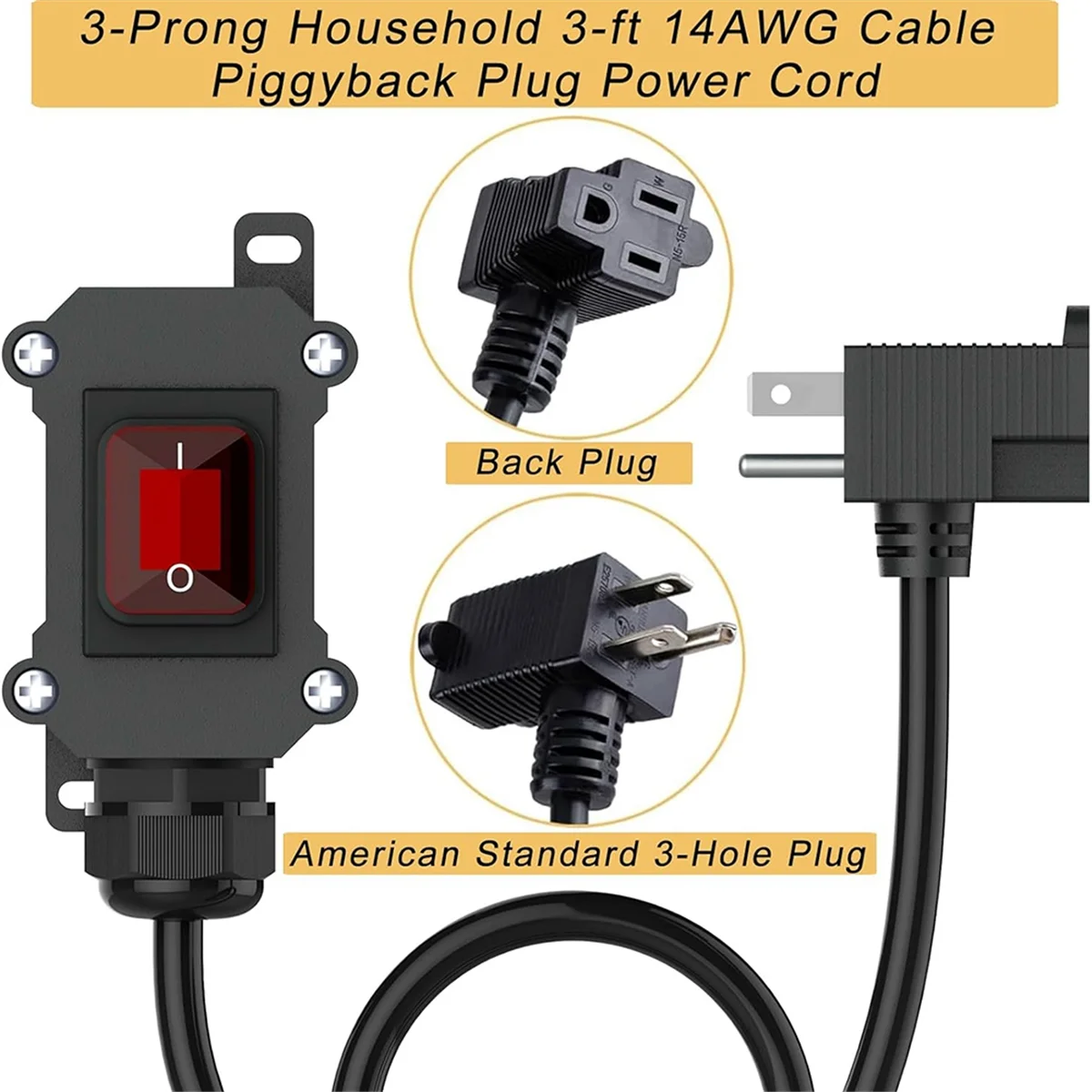 AA98 Inline Power Switch with 3-Ft 14AWG Cable & Piggyback Plug, IP67 Waterproof Extension Cord with on/Off Switch US Plug