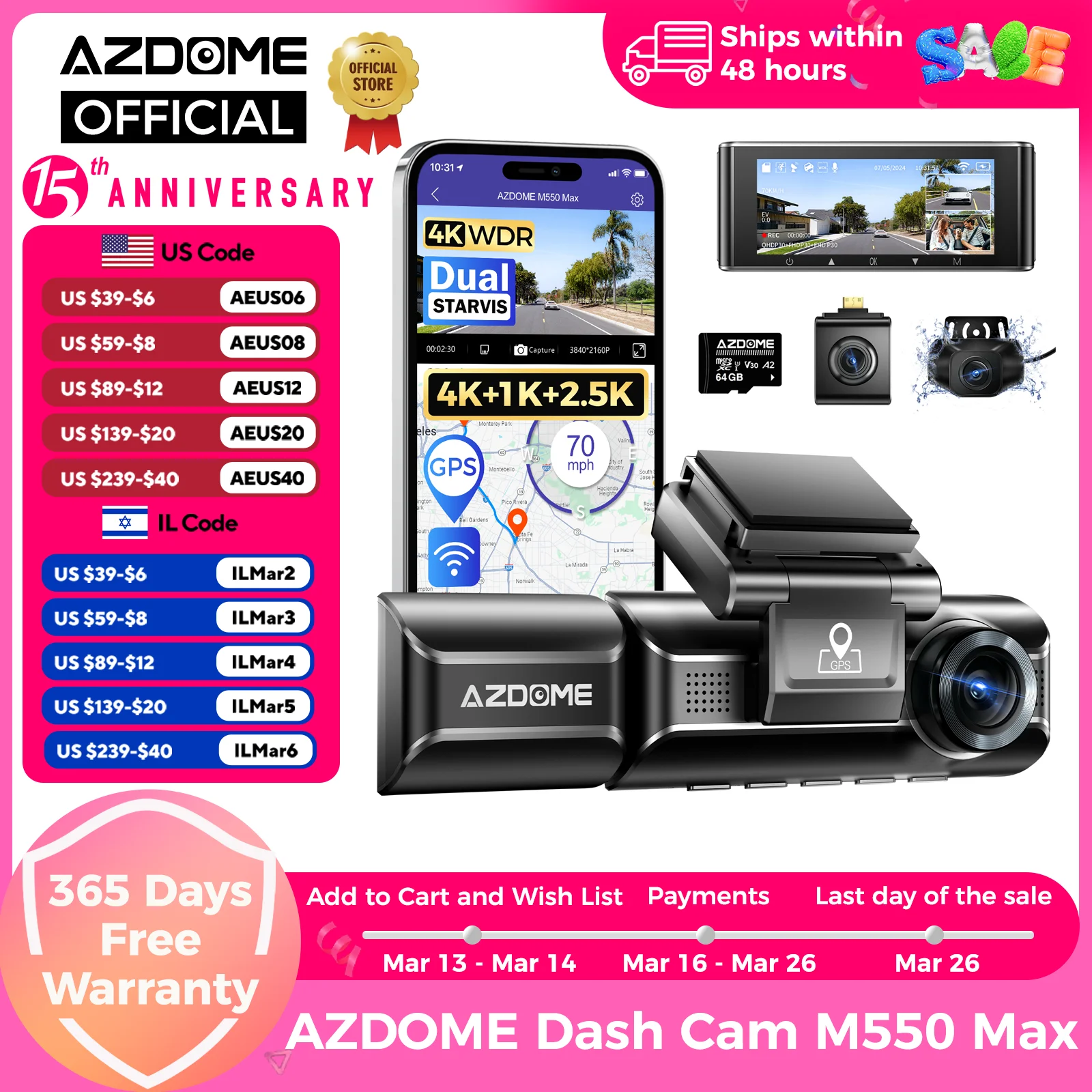 AZDOME 4K Dash Cam M550 Max Built-in GPS Wifi Camera Car DVR 3.18”Screen Night Vision 24H Parking Monitor Support Rear Cam