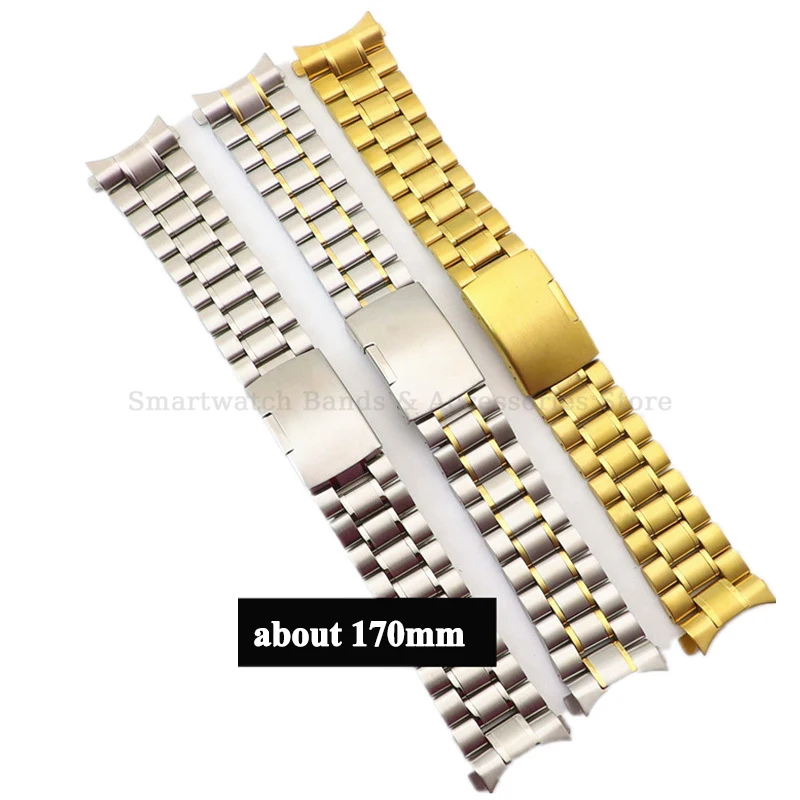 Curved End Strap 16mm 18mm 20mm 22mm 24mm Stainless Steel Wrist Band Universal Replacement Watch Bracelet Solid Folding Clasp