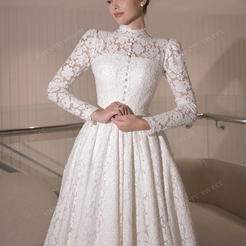 Robe de mariée Vintage à col haut, en Organza avec dentelle brodée, ligne a, longueur au sol, robe de bal, manches longues, personnalisée