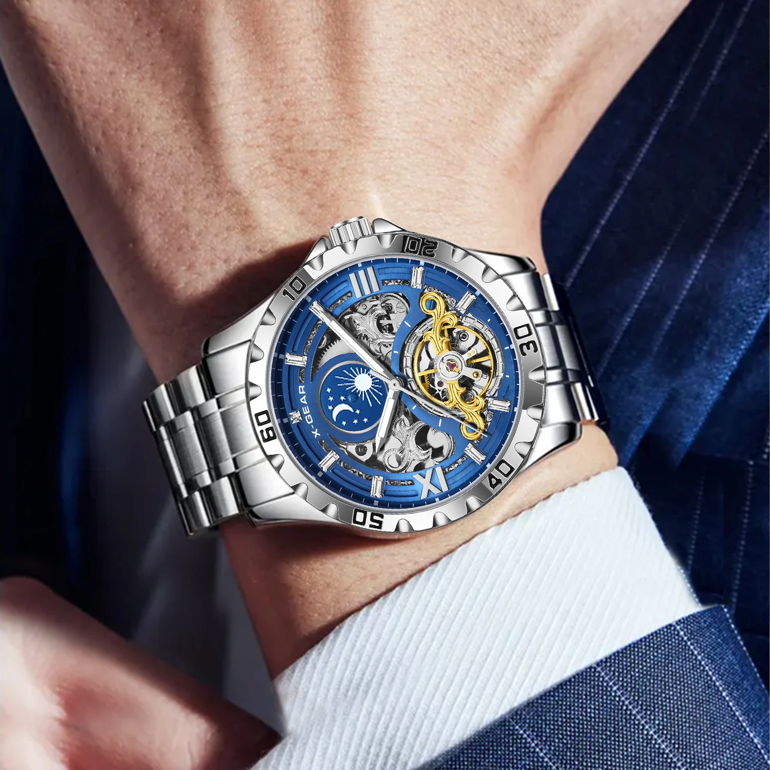 X-GEAR Men's Skeleton Starry Moon Phase Tourbillon Automatic Mechanical Watch — Water-Resistant Luminous Steel Edition