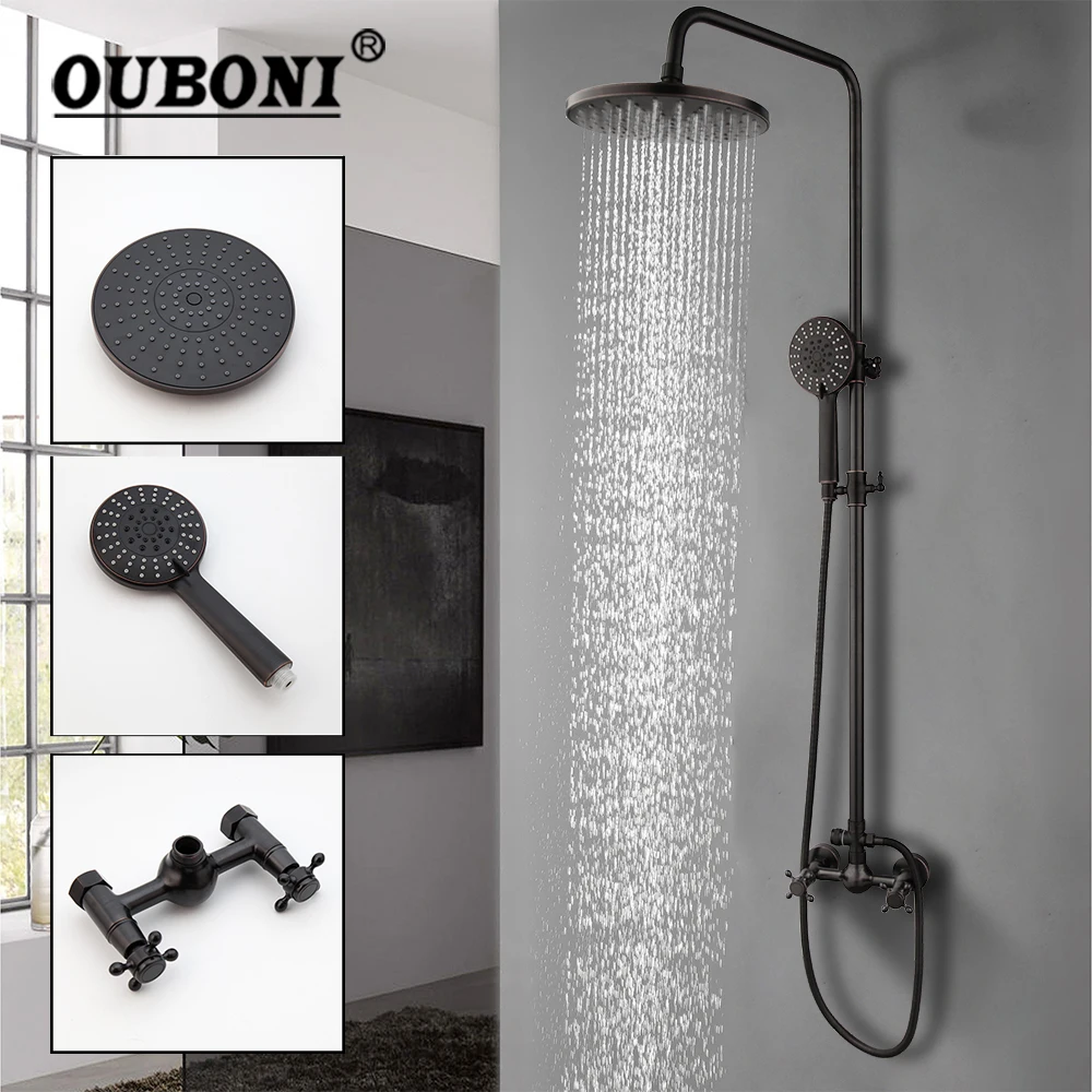 

OUBONI ORB Black Rainfall Bathroom Shower Set Shower Head 2 Handles Wall Mounted Heldhead Shower Faucet Set Bathtub Mixer Tap