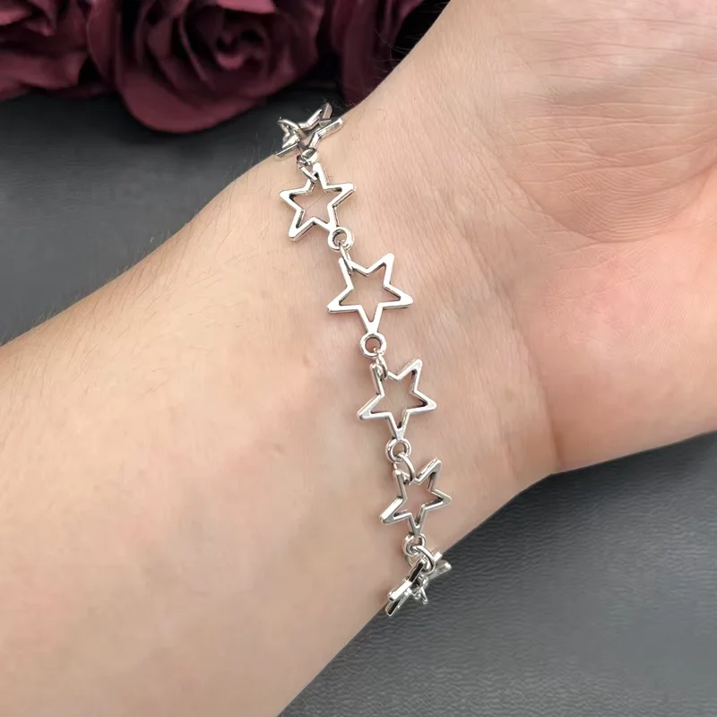 Y2K Five Pointed Stars Charm Bracelet Vintage Silver Color Pentagram Chain Bracelets For Women