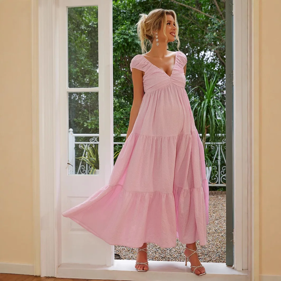 Spring and summer European and American V-neck sexy sleeveless solid color ruffle edge maternity dress 2025 new