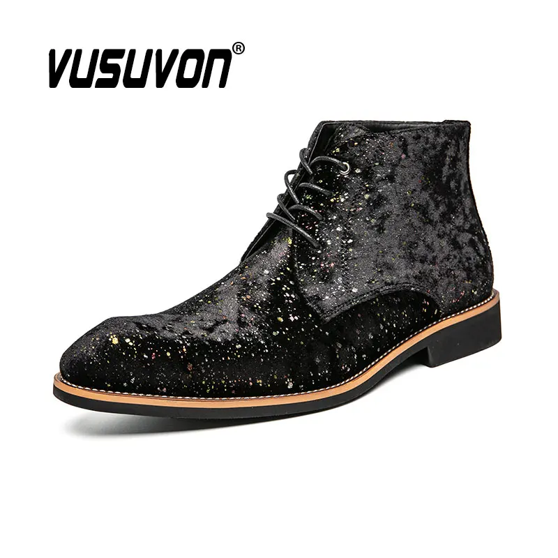 Fashion Bling Men Derby Boots Retro Winter Warm Black Walking Outdoor Casual Shoes Party Street Boys Big Size 38-45