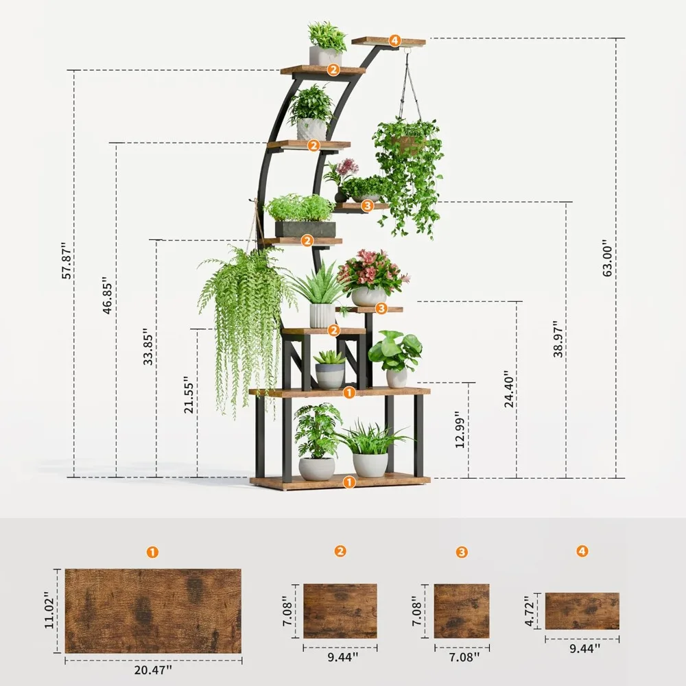 Suporte para plantas interno com luzes de cultivo, prateleira de metal para plantas de 9 camadas, suporte para plantas de 63" de altura para plantas de interior múltiplas