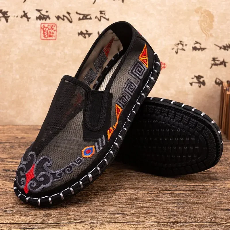 chinese ethnic characteristic guaze embroideried old peking shoes men breathable casual flat shoes adult exercise antiskid shoes