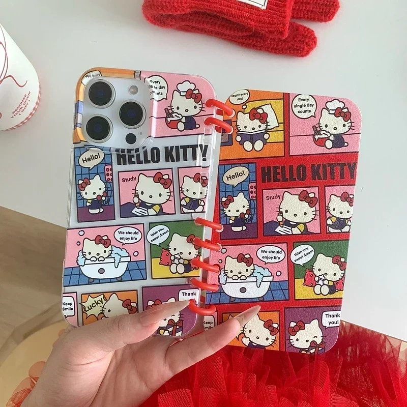 Cute Cartoon Sanrio Hello Kitty Notebook Phone Case For iPhone 16 Pro 15 14 13 Pro Max Cover Shockproof Flip Soft TPU Cover