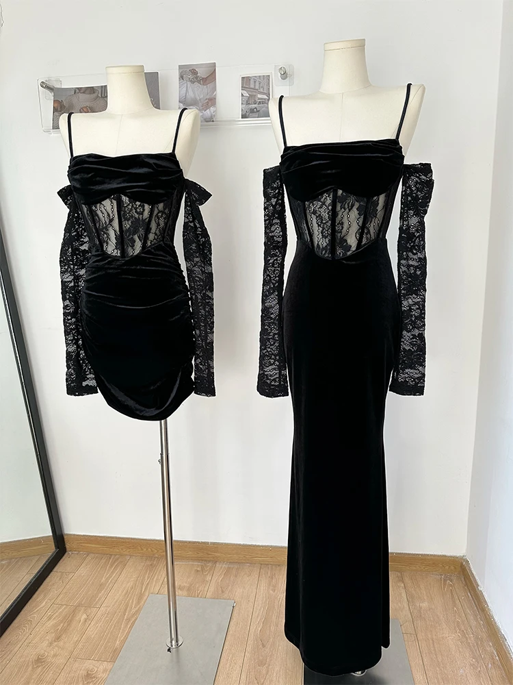 Abito da sera in pizzo nero aderente a-line da donna elegante con spalle scoperte abiti di un pezzo Vintage anni '90 Y2k abito di lusso 2000s vestiti