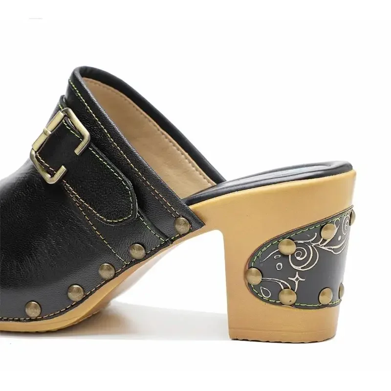 Shoes For Women Sandals Fashion Basic Ethnic Retro Genuine Leather Square heel 7.5CM Round Toe Casual Women Shoes 36-42