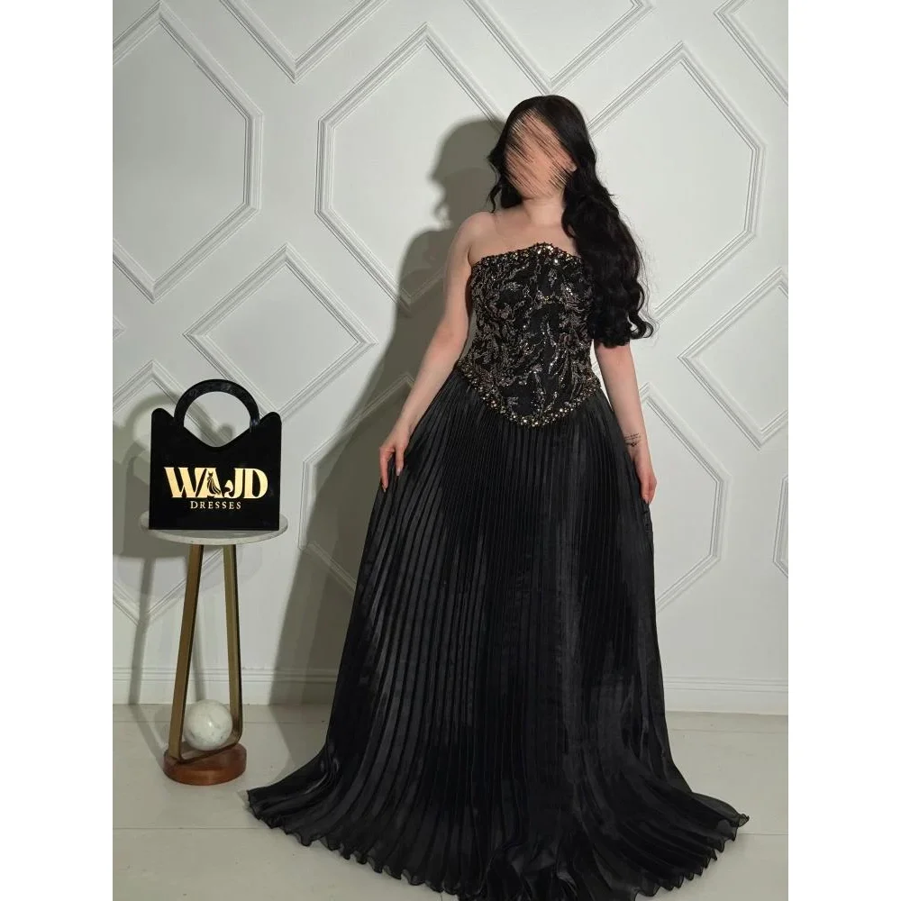 

Luxury Black Evening Dresses Strapless Sleeveless Bead Crystal A-line Evening Gowns Floor Length Prom Dresses Customized