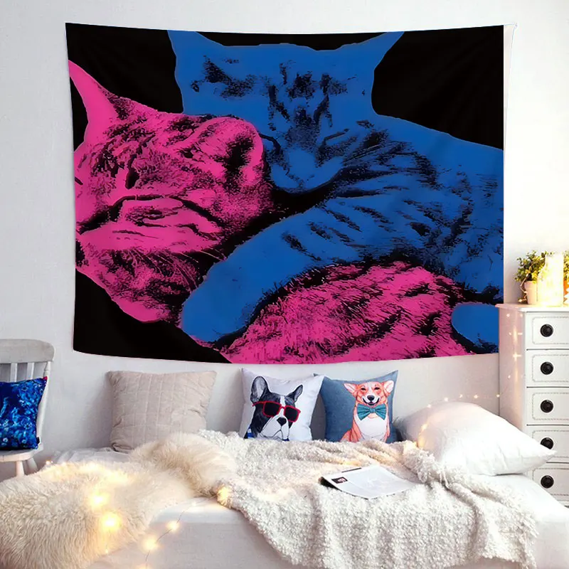 1-teiliger Wandteppich mit blauer und hellroter Katze der Liebe: Wunderschöner Wandbehang für Schlafzimmer, Wohnzimmer, Wohnheim oder Party-Dekoration – größeres Poly