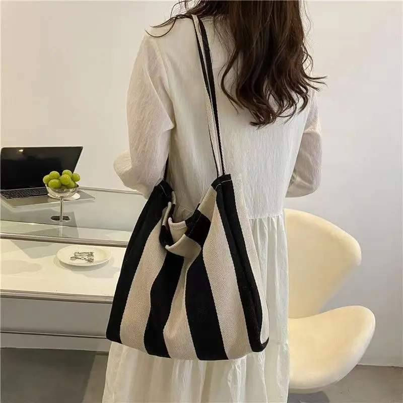 2023 fashion korea literature stripe Women\'s Canvas Tote Bag retro Shopper Bags Lady canvas big Shoulder Bag For Women