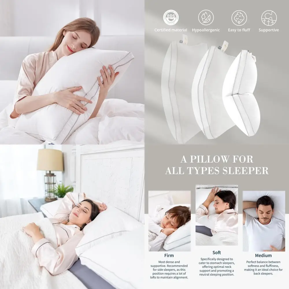 

Luxury Standard Queen Size Feather Down Pillows with Firm Gusseted Design for Comfortable Sleep, Fluffy Hotel Collection Style