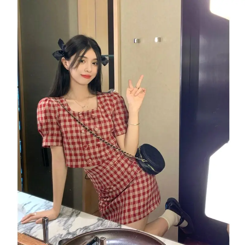 Sweet Girls Y2K Plaid Skirts 2pcs Set Korean Summer Short Sleeve Cropped Tops with A-line Mini Skirt Suits Women Fashion Outfits