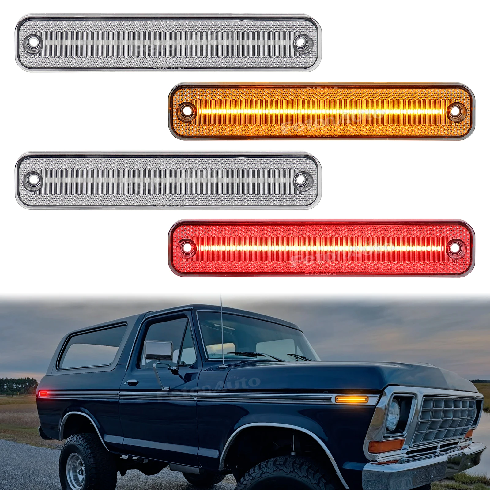 4pcs Amber Red LED Turn Signal Flowing Side Marker Repeater Indicator Light  Fender  For Ford Bronco 1978-1979