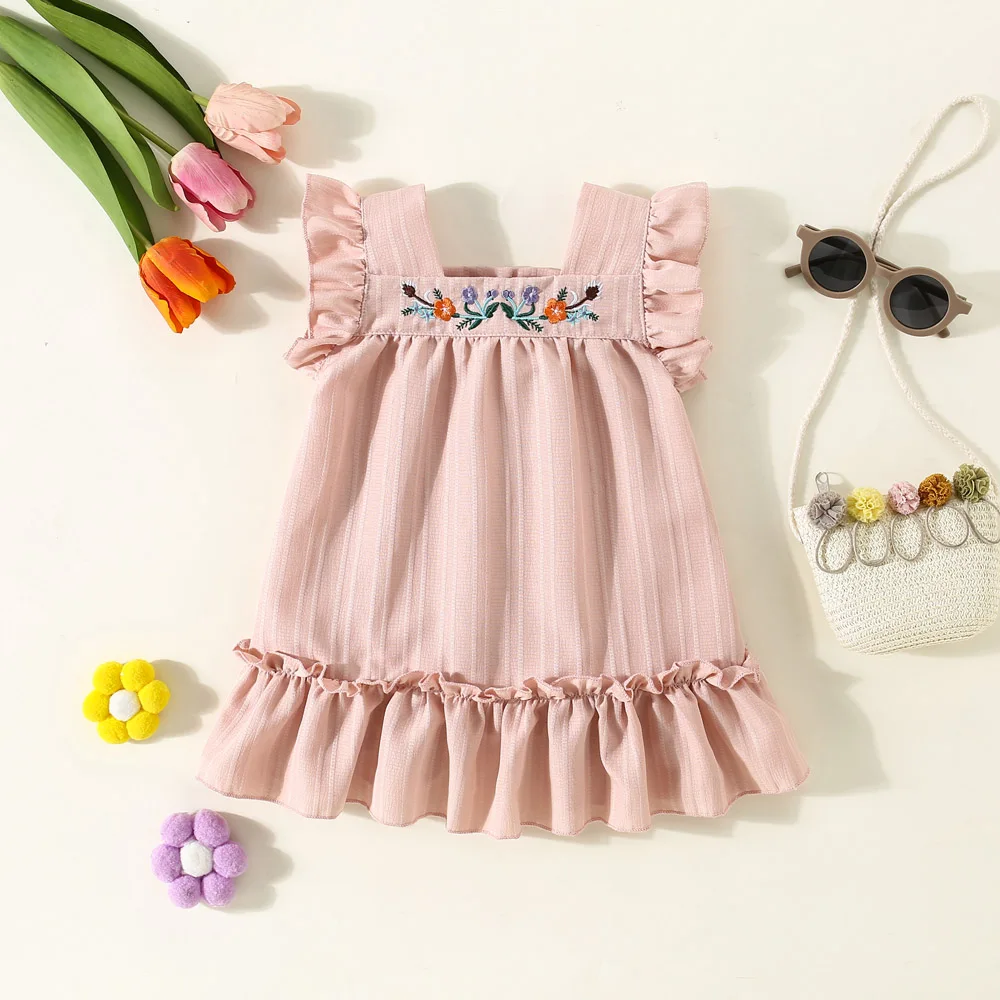 Summer New Girls Dress With Sweet Flying Sleeves Childrens Plaid Dress Heavy Lifting Little Chicken Embroidery Princess Dress