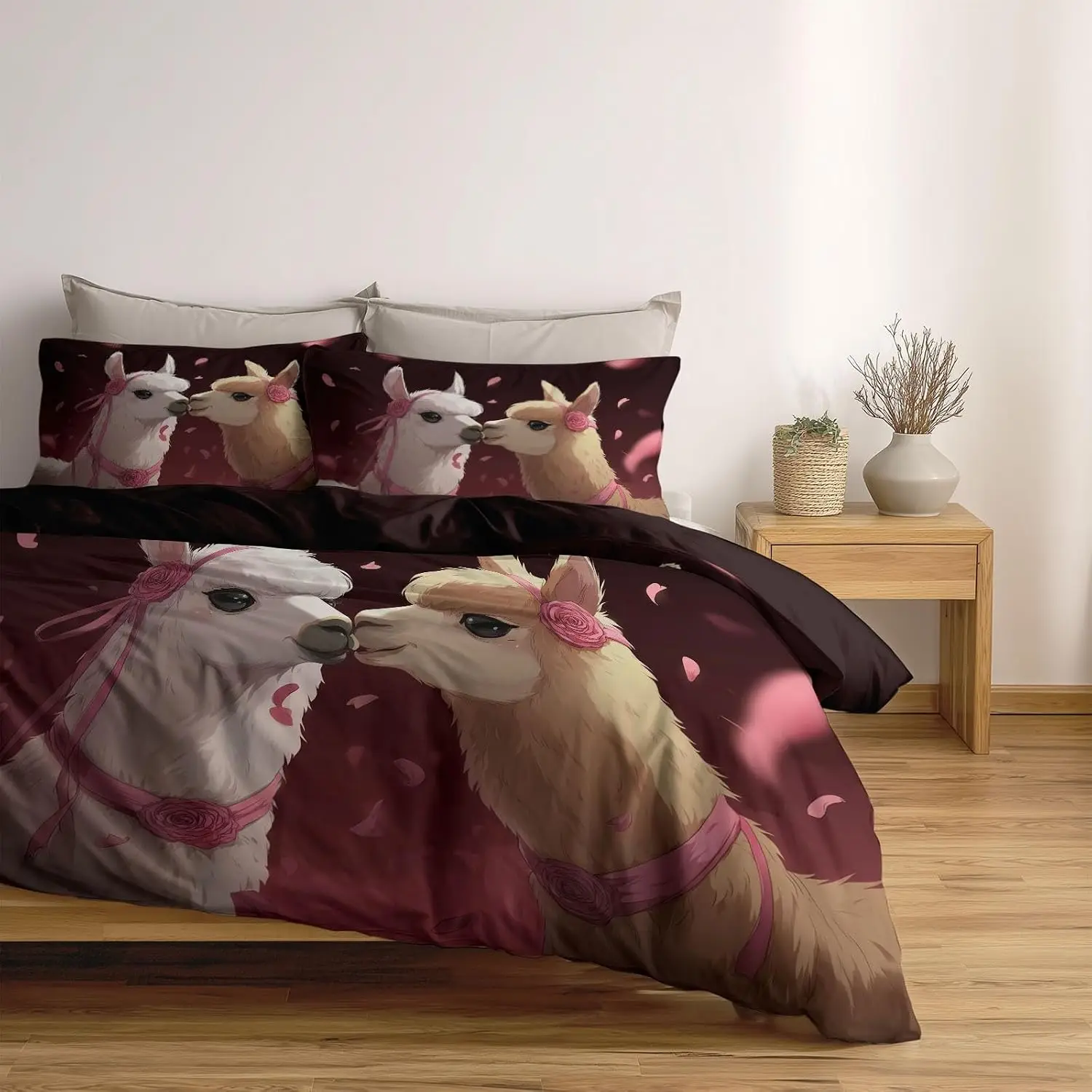 Cute Alpaca Duvet Cover Set Double Size Kissing Llama Bedding Set With 2 Pillowcases Romantic Anime Style Quilt