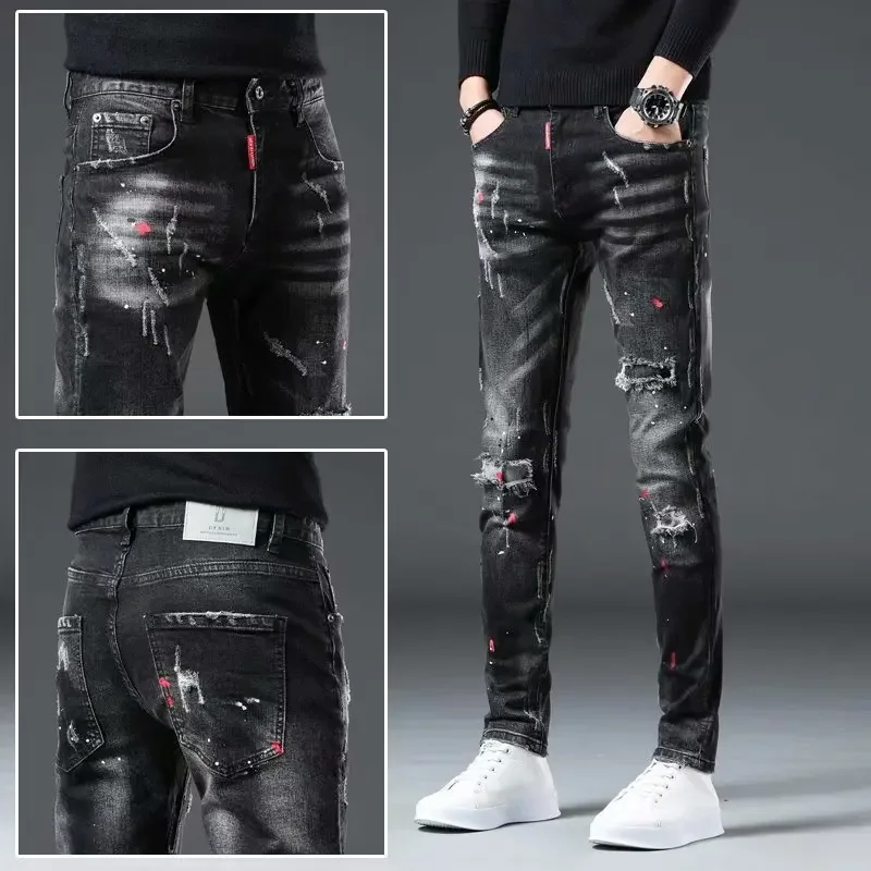 

High Street 2022 Fashion Casual Ripped Jeans Men's Patch Teenagers Cowboy Paint Splash Ink Black Pencil Pants Skinny Jeans Men