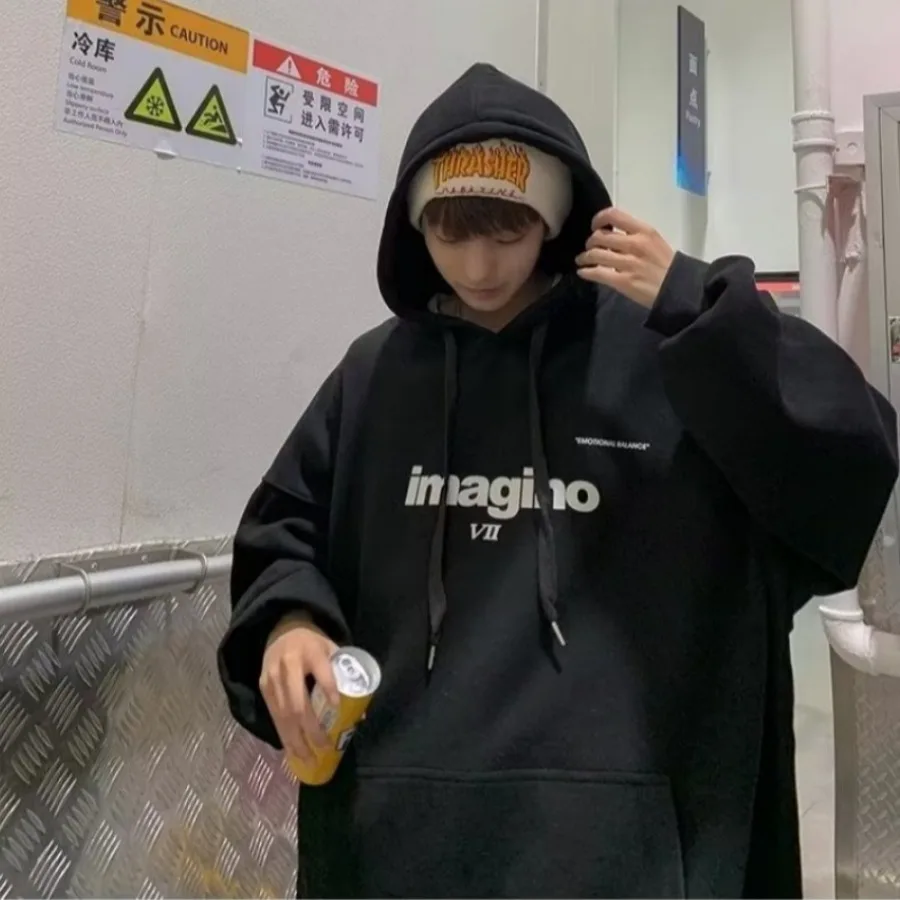 【M-8XL】Autumn and Winter Simple Classic English Print Hoodie for Men's Casual Versatile Loose Oversized Jacket for Men