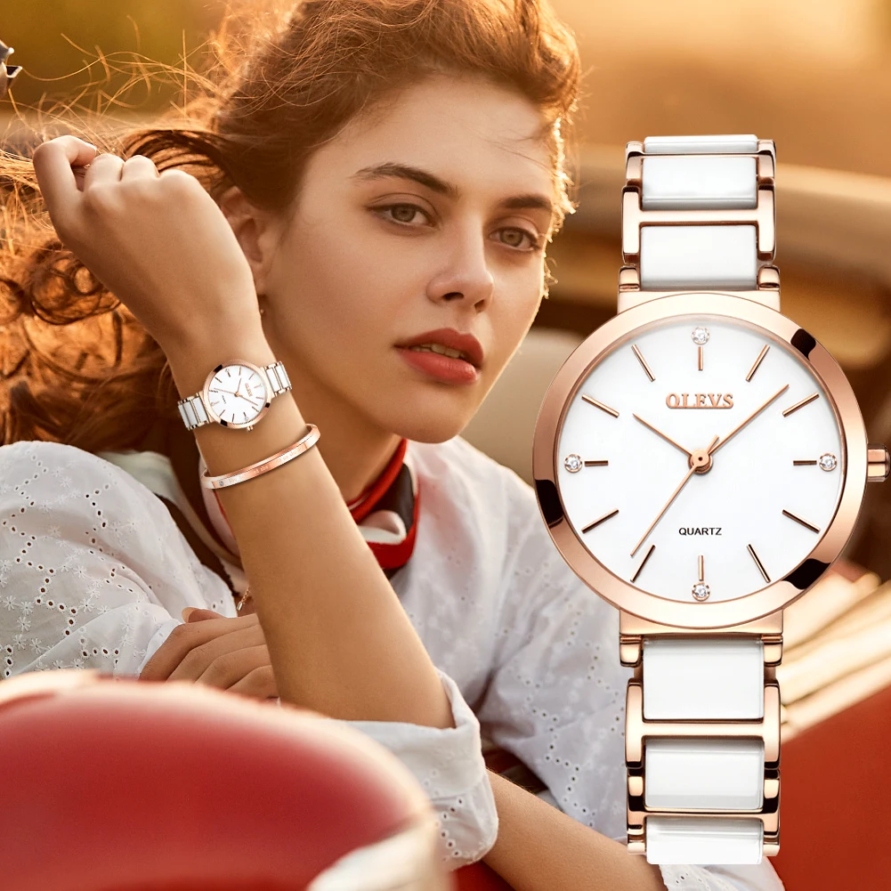 Olevs cerâmica pulseira de quartzo relógio feminino à prova dwaterproof água relógio de marca de luxo para mulheres moda elegante senhoras pulseira