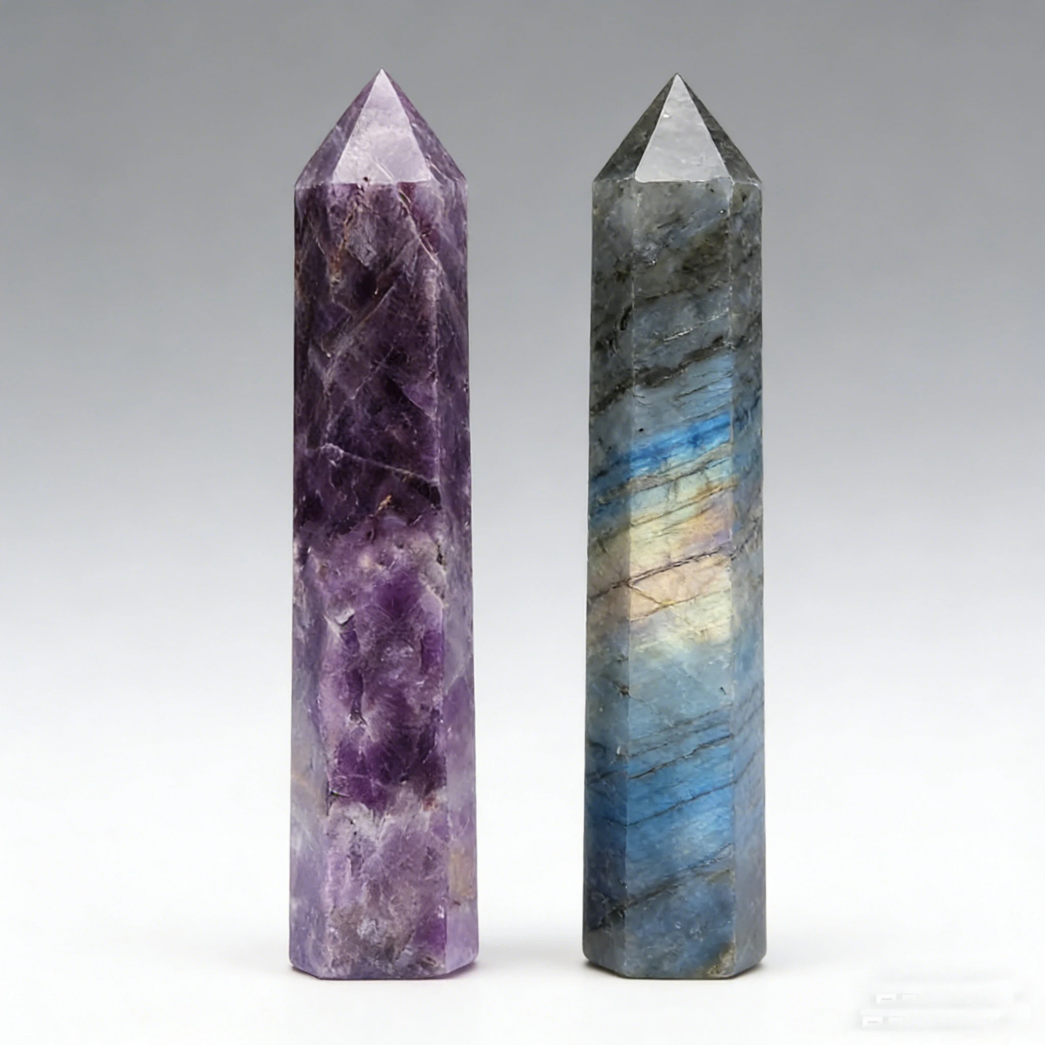 Natural Crystal Obelisk Tower Point Set 2Pcs 6 Faceted Wand 8-17cm Labradorite Amethyst Aurora Flash Dreamlike Hand Polished Home Decor Desk Ornament Office Decor Room Decor Bedroom Decor Table Centerpiece Iridescent Gift Set