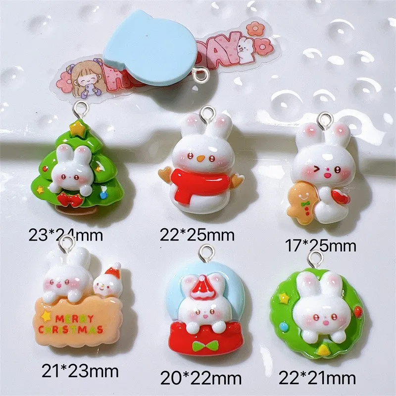 10Pcs Kawaii Christmas Rabbit Resin Charms Cute Keychain Phone Bag Pendant Material DIY Earrings Necklace Jewelry Decor Findings