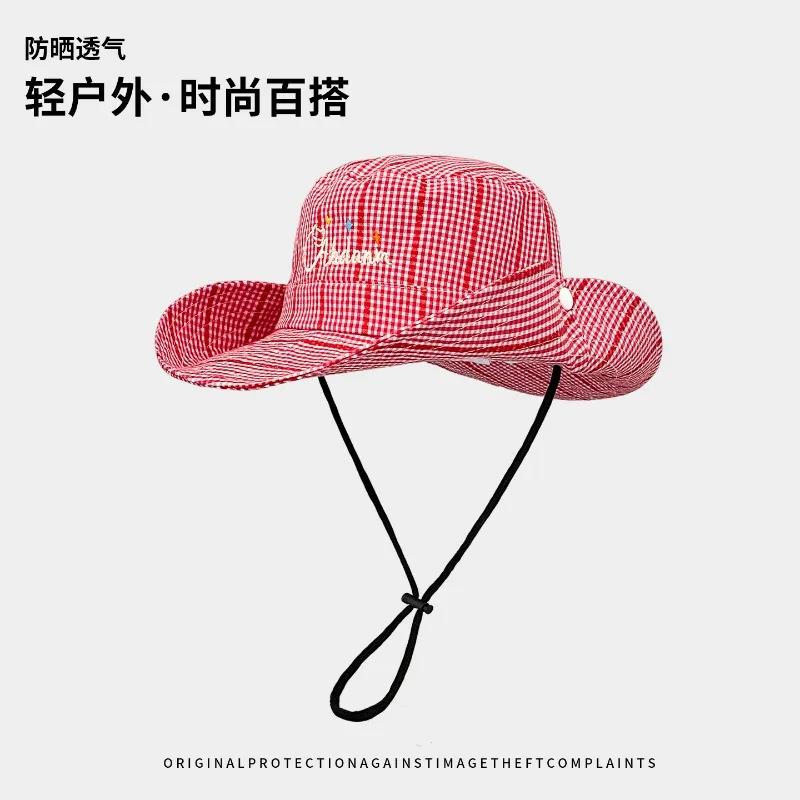 Korean Version of Fashion Check Embroidered Bucket Hat Summer Thin Breathable Outdoor Hiking Sunshade Hiking Sun Cap for Women