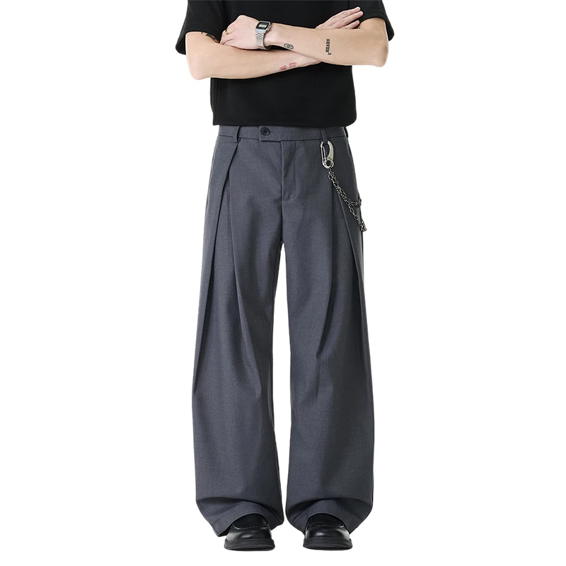 

Black Double Pleated Design Women's Casual Pants Summer Ice Silk Lightweight Loose Silhouette Floor Length Trousers 9X3637