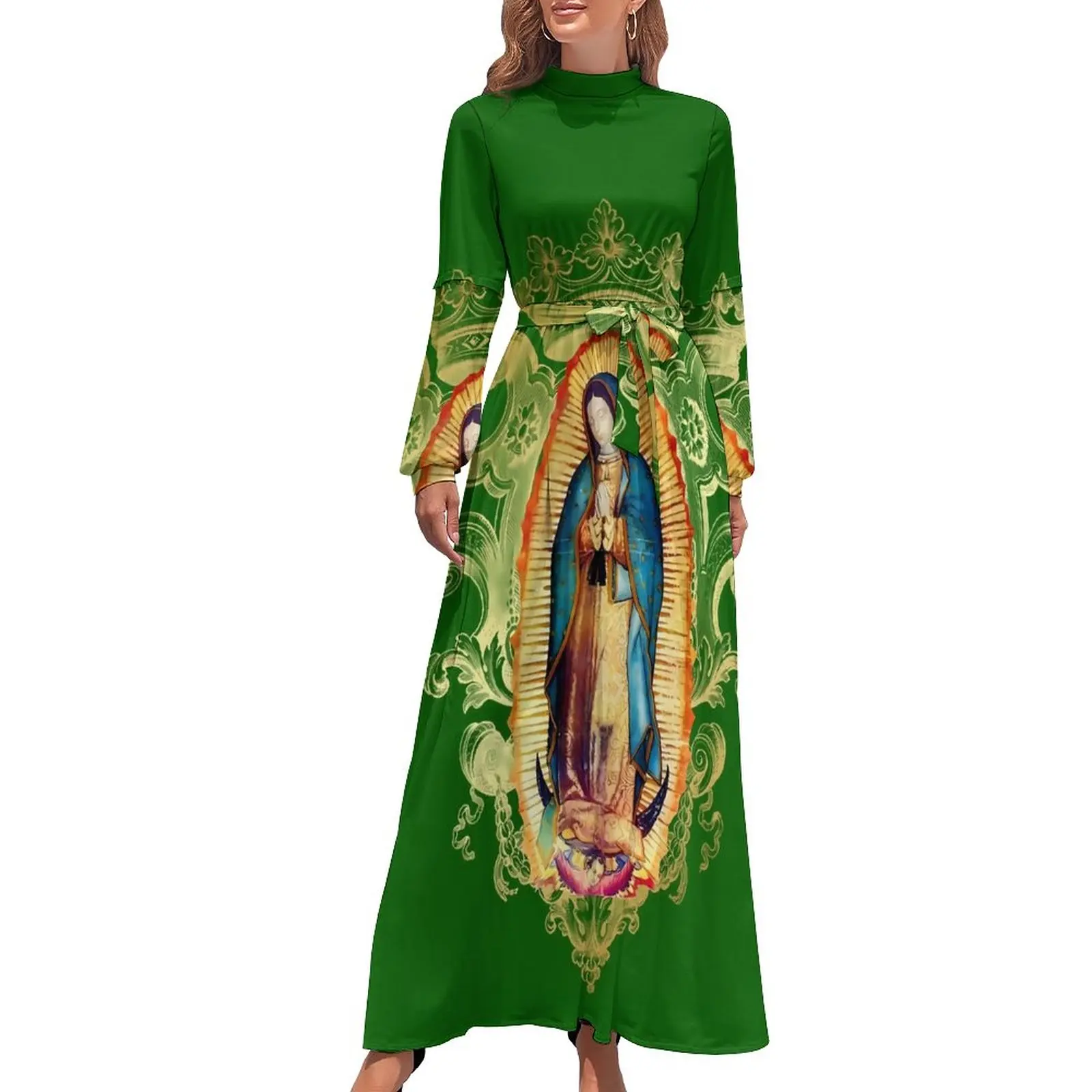 Virgin Mary Mexico Dress High Waist Our Lady of Guadalupe Graphic Bohemia Dresses Long Sleeve Casual Long Maxi Dress Vestidos