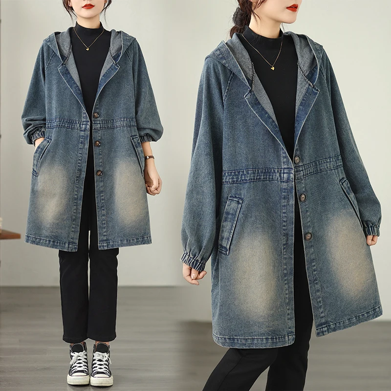 

Loose Fit Autumn Sle Denim Windbreaker Coat with Hat Single Row Button Middle Length Cotton Polyester Blend Women's Jaet