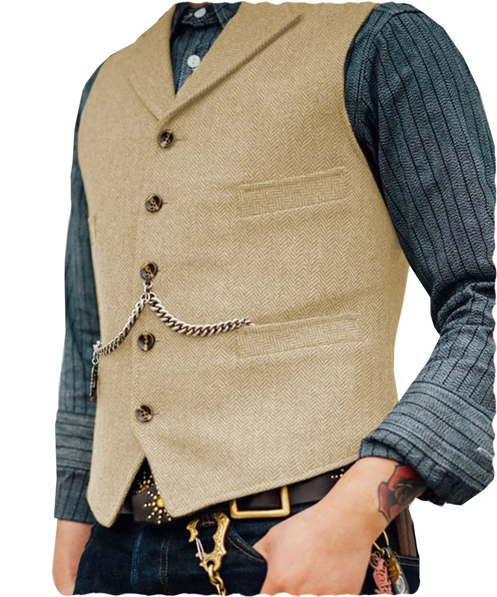 Business Waistcoat Jacket Casual Slim Fit Gilet Homme Vests for Groosmen Man Wedding Men's Suit Vest Brown Wedding Wool Tweed