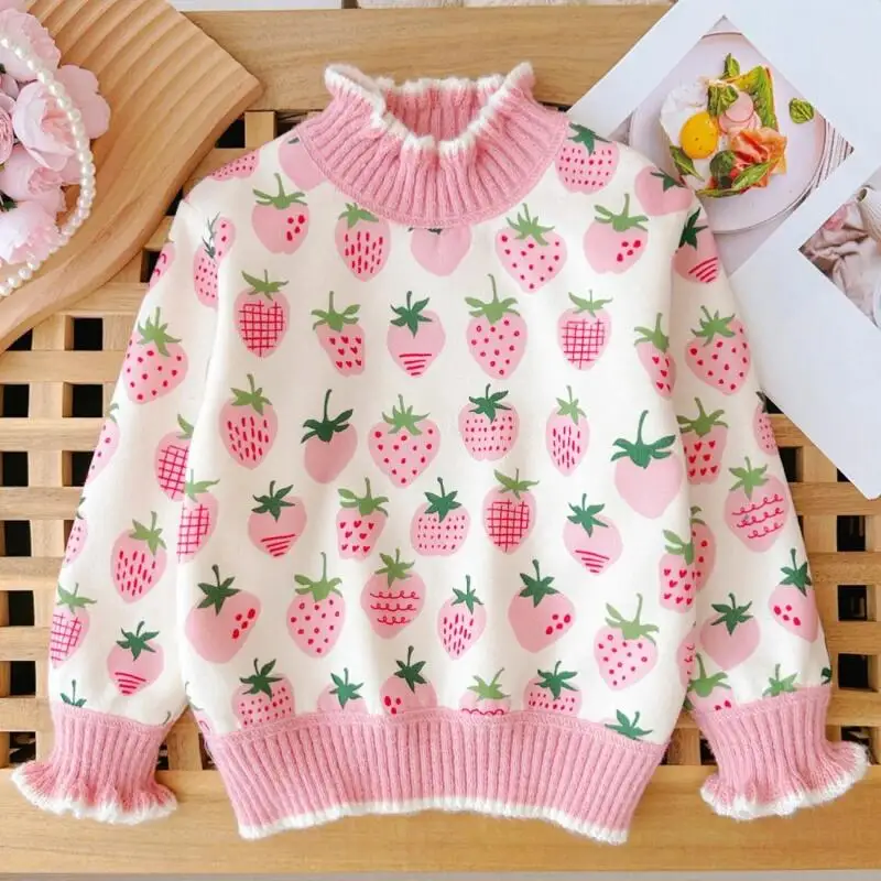 Girls' Sweater Autumn/winter Thickened Fashion Children's Knitted Sweater Cute Sweet Strawberry Printed Pullover Tops Versatile